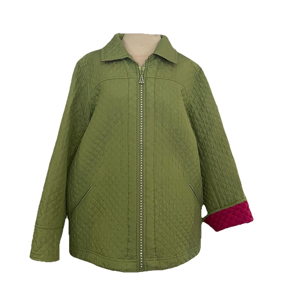 The Quacker Factory Quilted Jacket 1X Green/Pink 100% Silk Zip Embellished‎ Coat